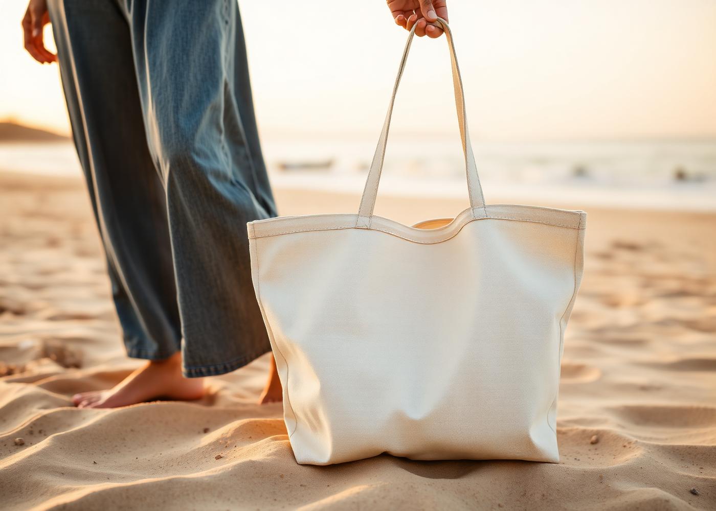 Woman with canvas beach tote at golden hour