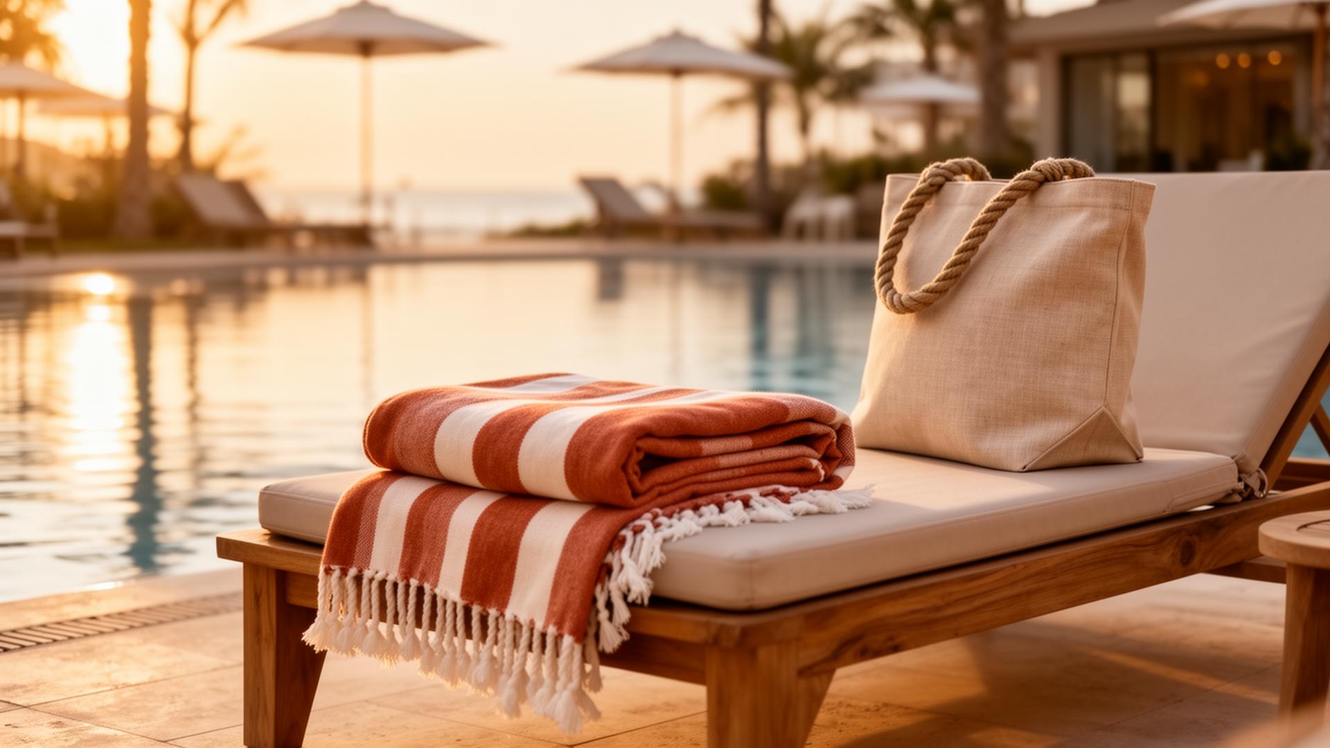 Luxury beach towel and tote at sunset poolside